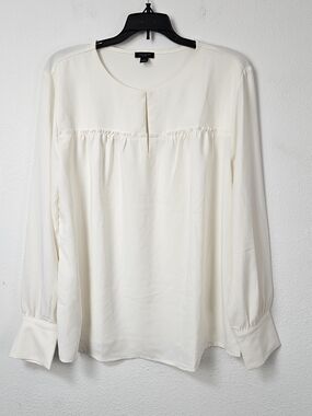 Ann Taylor Factory Cream Long-Sleeve Yoke Blouse Large Preppy Dainty Work